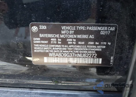 2017 BMW 330I xDrive from USA, damaged, VIN WBA8D9G37HNU62272